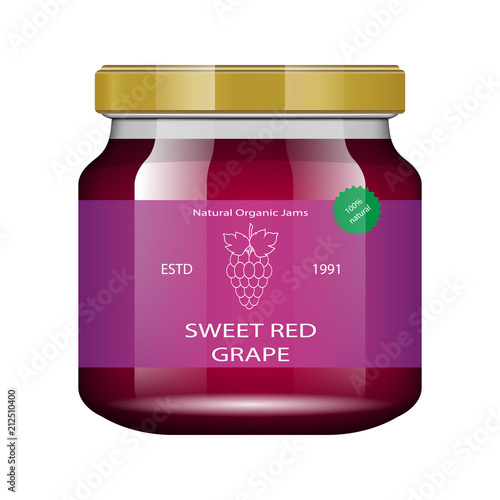 Jam grape. Glass jar with jam and configure. Vector illustration. Packaging collection. Label for jam. Bank realistic. Mock up glass jar with design label and logo.