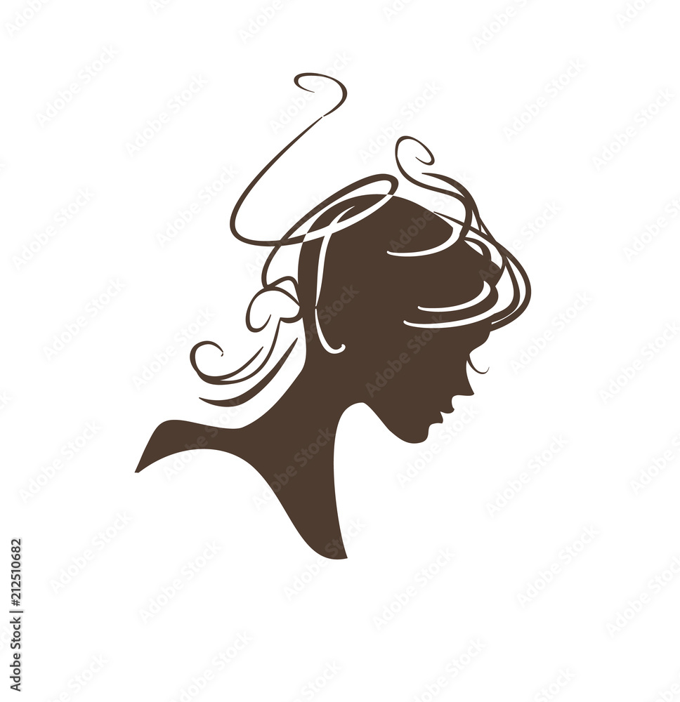 Curly hair. Elegant silhouette profile of a female head with a