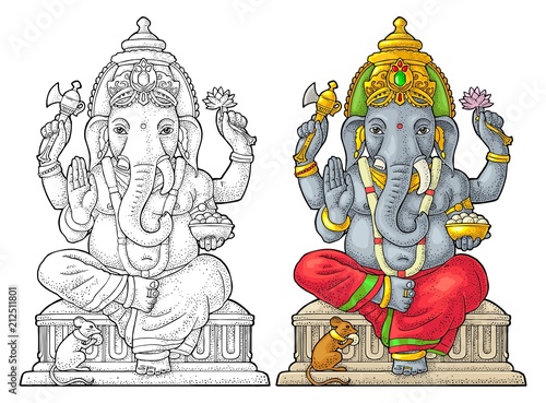 Ganpati with mouse for poster Ganesh Chaturthi. Engraving vintage vector