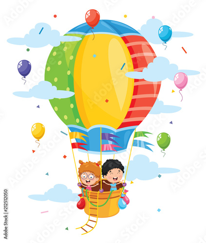Vector Illustration Of Kids Riding Hot Air Balloon