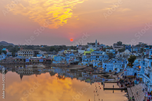 Pushkar Holy Lake at sunset, India photo