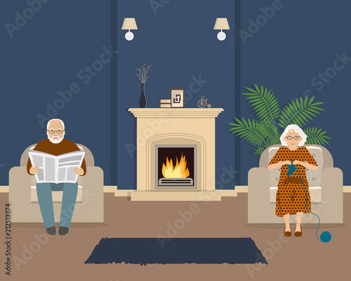 Senior couple is sitting in the living room near the fireplace. Old lady knits socks, and elderly man is reading the newspaper. Vector illustration