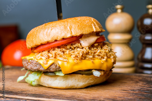 Burger with meat and onion fries photo