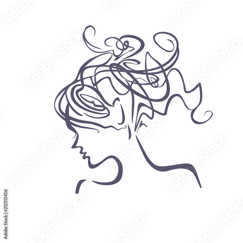 Linear illustration profile of a female head with a deliberately careless hairdo. Curly hair. Modern hair style.