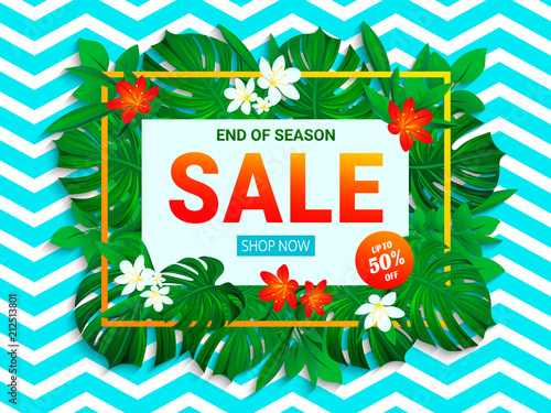 Sale poster. Summer sellout banner. trendy tropical style. Floral jungle background with exotic tropic flowers, leaves. End of the season discount vector design for shop, business, web page with text.