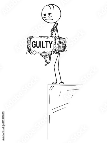 Cartoon stick drawing conceptual illustration of sad and depressed man or businessman who feels guilt by something standing on edge of precipice or chasm and holding big stone with guilty text tied to