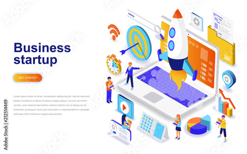 Business startup modern flat design isometric concept. Launch work and people concept. Landing page template. Conceptual isometric vector illustration for web and graphic design.