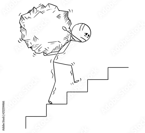 Cartoon stick drawing conceptual illustration of man or businessman carrying big piece of rock upstairs.Business concept of challenge and effort.