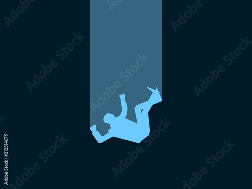 Falling man. Male blue silhouette on black background. Retro style, noir. Vector illustration