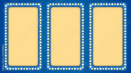 Triple screens flashing light bulbs blue frame border sign surface casino background loop