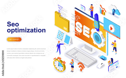 Seo optimization modern flat design isometric concept. Search engine and people concept. Landing page template. Conceptual isometric vector illustration for web and graphic design.