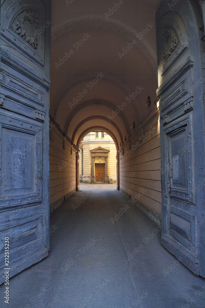 Large blue doors in courtyard of Petersburg