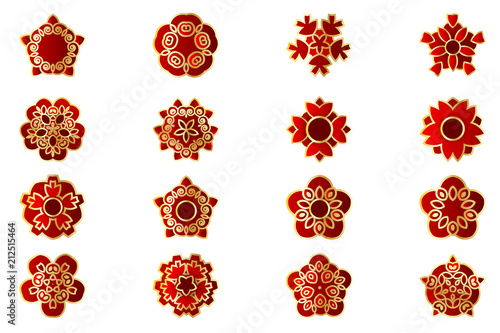 Asian china japan flower set. Red stylised sakura bud geometric golden leaf. Traditional paper cut Eastern new year decor. Vector isolated white background.
