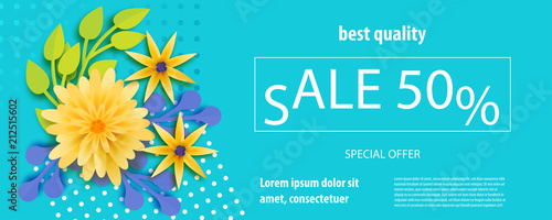 Horizontal paper cut flower sale banner. Colored chamomile bud origami isolated vector background. Floral discount design. Craft 3d plant eco card template.