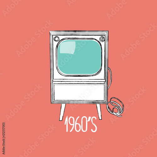 vector tv illustration. interior design mid century modern. vintage retro. history of television. 