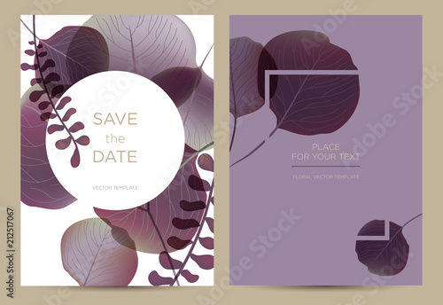 Invitation/card in the botanical style. Violet leaves on white and lilac background. Template card for the wedding, birthday and celebration.