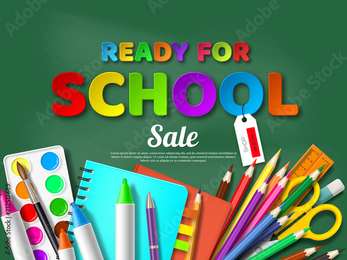 Ready for school sale poster with realistic school supplies. Paper cut style letters on blackboard background. Vector illustration.