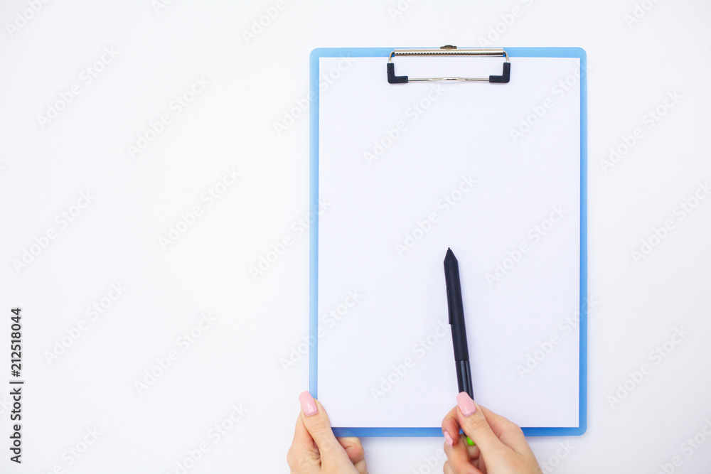 Blank Folder with White Paper. Hand that Holding Folder and Handle on White Background. Copyspace. Place for Text. Blank Folder with White Paper. Hand that Holding Folder and Handle on White Background. Copyspace. Place for Text.