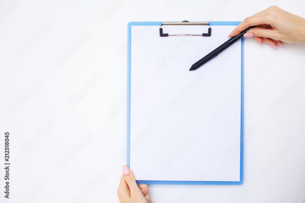 Blank Folder with White Paper. Hand that Holding Folder and Handle on White Background. Copyspace. Place for Text. Blank Folder with White Paper. Hand that Holding Folder and Handle on White Background. Copyspace. Place for Text.