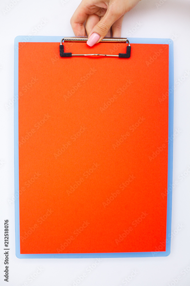 Blank Folder with Red Paper. Hand that Holding Folder and Pen on White Background. Copyspace. Place for Text. Blank Folder with Red Paper. Hand that Holding Folder and Pen on White Background. Copyspace. Place for Text.