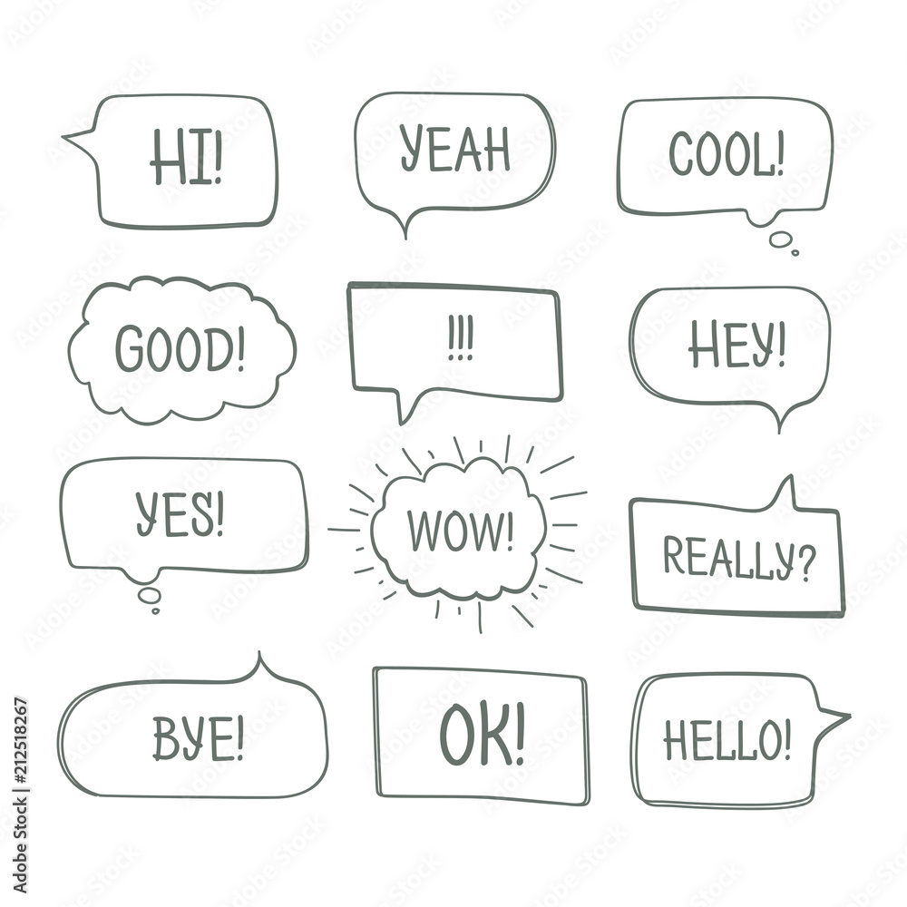 Hand drawn comic speech bubbles with message words vector collection.