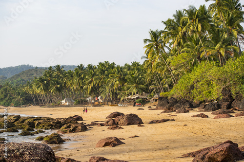 VARKALA - INDIA - 16 FEBRUARY 2018. A couple is walking on a beautiful and relaxing beach flanked by green palm trees at sunset. Varkala, Kerala, India.
