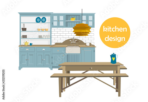 vector interior design illustration. kitchen dining room element set. 