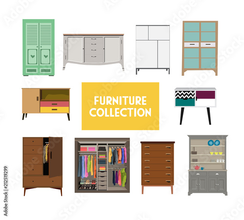 vector furniture set elements.  wardrobe, chest of drawers, side table, closet. home interior design. 