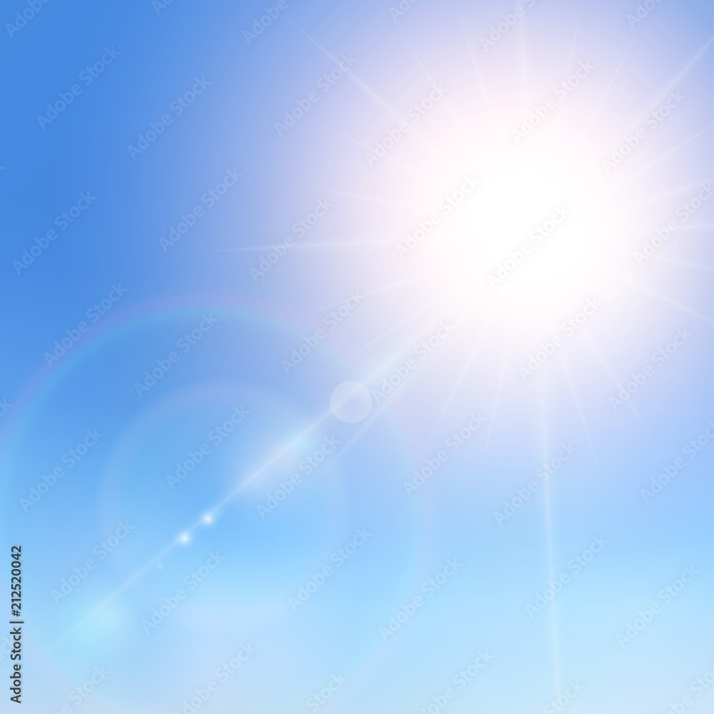 Realistic sunlight on a blue sky. Shining beige vector golden sun light effects. Flares and gleams sunlight. Vector Illustration