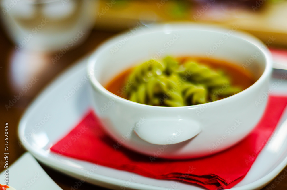tasty and nutritious tomato soup with fresh pasta, dietary meal tasty and nutritious tomato soup with fresh pasta, dietary meal