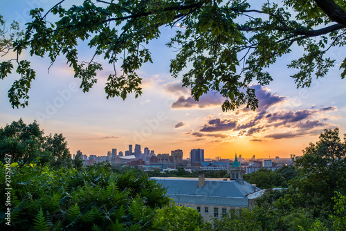 colorful sunset overlooking downtown minneapolis minnesota USA. urban, city scape during blue hour photo