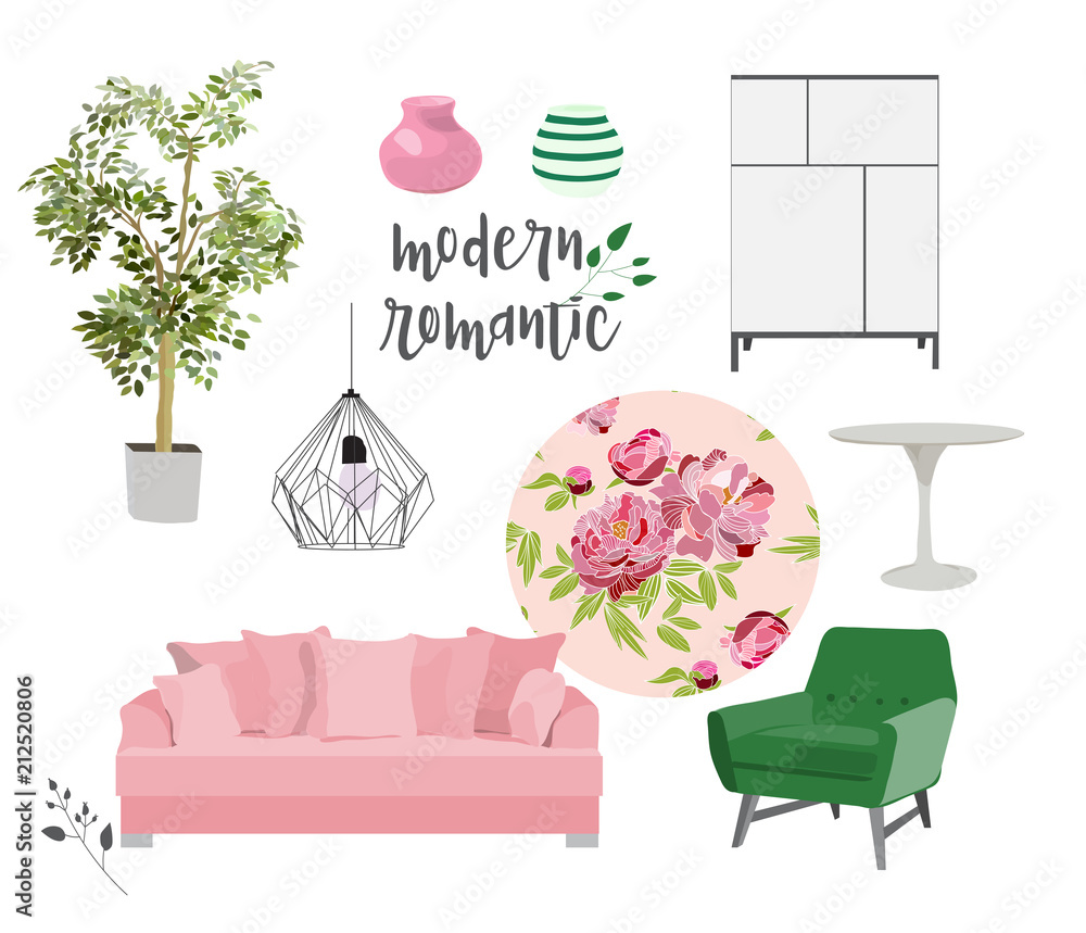 vector living room illustration. interior design element set collection ...