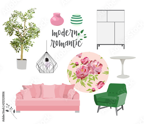 vector living room illustration. interior design element set collection. romantic vintage style. floral flower peonies pattern. mood board. 