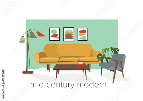 vector collection set of mid century modern interior design. Illustration. Mood board of retro vintage home decor. Furniture elements collection set. 