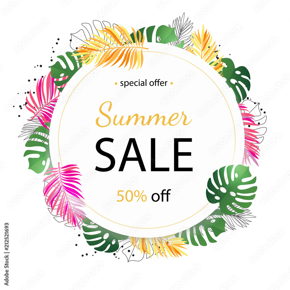 Summer sale background with tropical palm leaves and plumeria flower. Poster for print, party invitation, sale design.