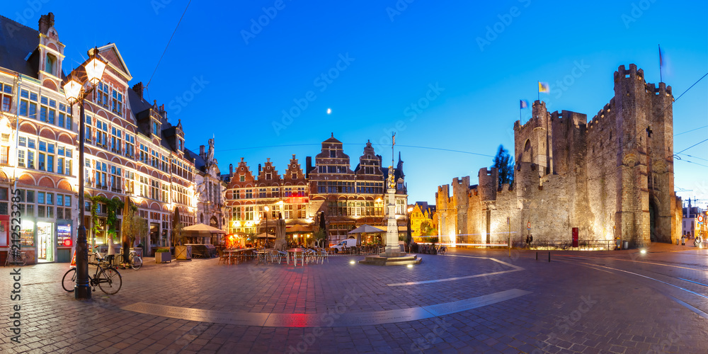 Panoramic view of Sint-Veerleplein, St Veerle's Square, and Gravensteen at night, Ghent, Belgium