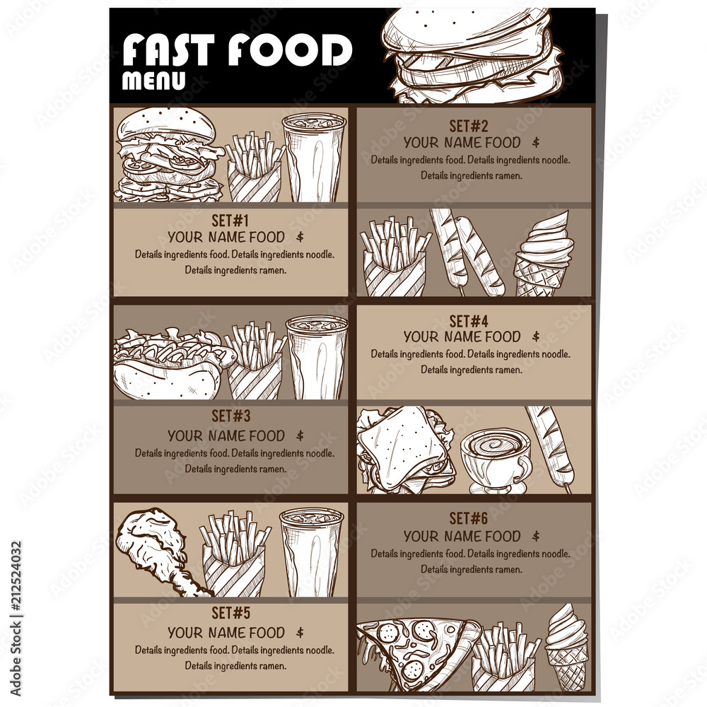 menu fastfood design template graphic drawing set 