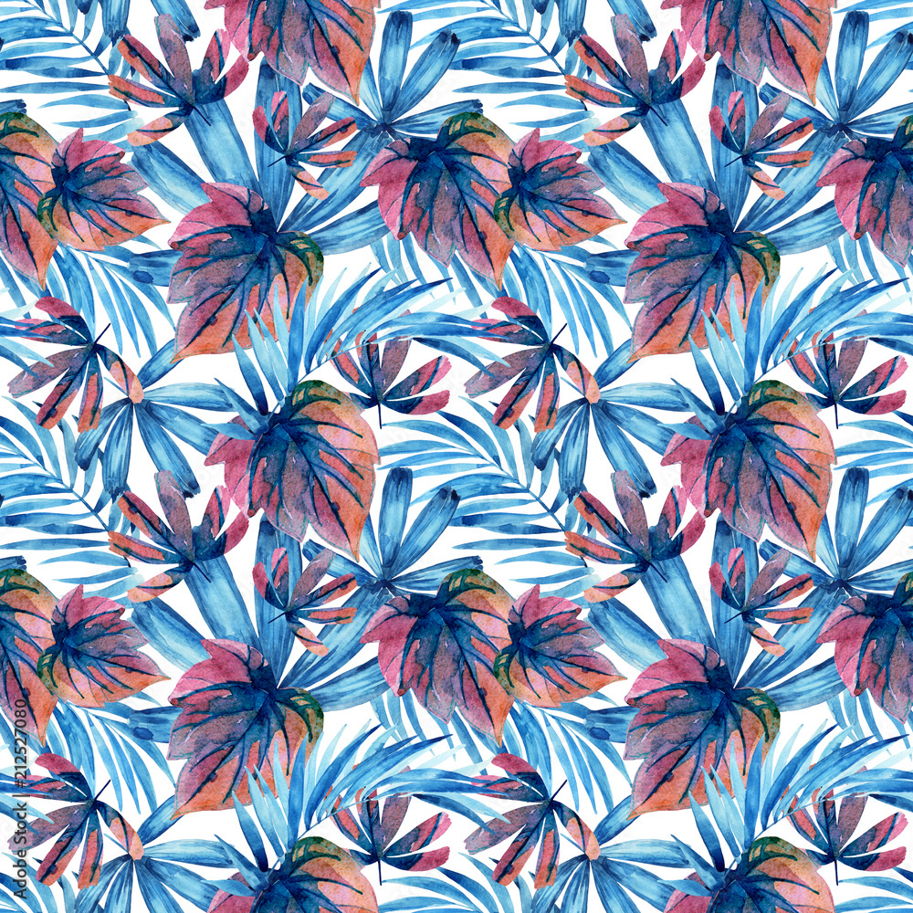 Watercolor blue colored tropical leaves seamless pattern.