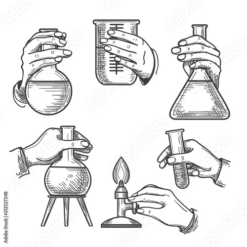 Retro chemical experiments. Vintage science laboratory beakers and burners, old sketch hands of chemist in handdrawn style, vector illustration