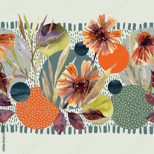Watercolor flowers and leaves, circle shapes on minimal doodle textures background.