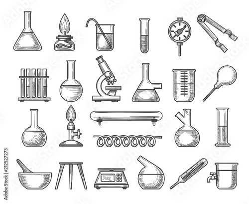 Vintage chemistry lab. Vector ink engraving retro physics laboratory pipe and scale, glass flasks and beaker isolated on white