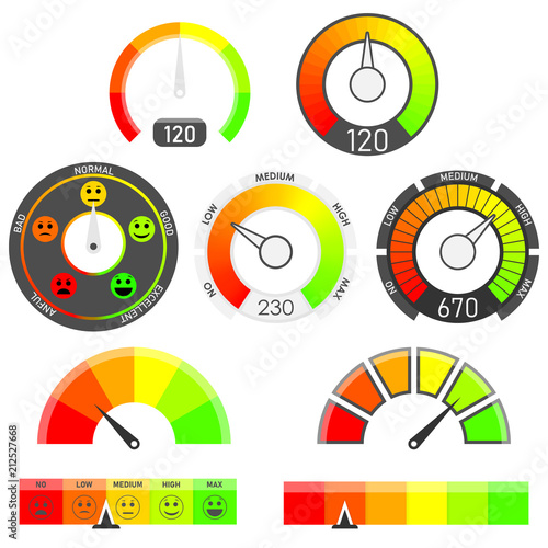 Credit score indicators with color levels from low to max. Abstract concept graphic element of tachometer, speedometer. Gauges vector set.