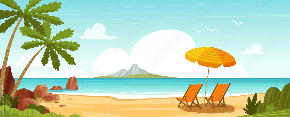 Sea beach and sun loungers. Seascape, vacation banner. Cartoon vector ...