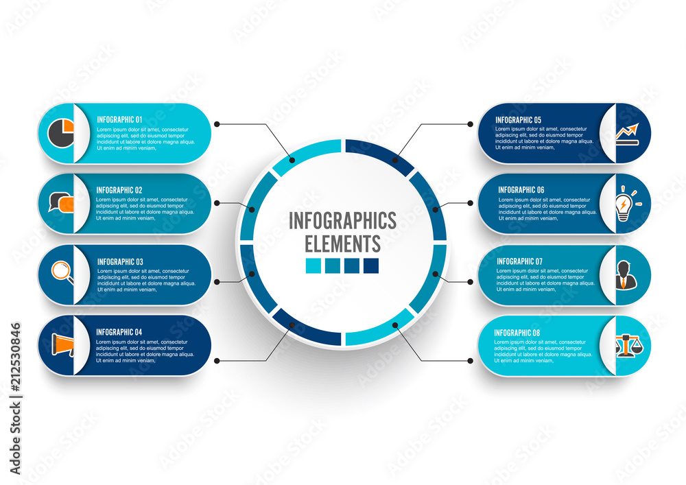 Vector infographic template with 3D paper label, integrated circles. Business concept with 8 options. For content, diagram, flowchart, steps, parts, timeline infographics, workflow, chart. Vector infographic template with 3D paper label, integrated circles. Business concept with 8 options. For content, diagram, flowchart, steps, parts, timeline infographics, workflow, chart.