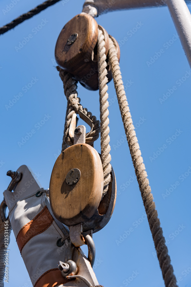 Pulleys and Ropes From Sailing Ship Rigging Stock Photo