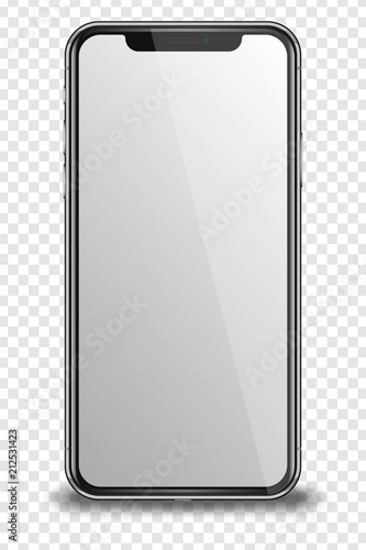 Smart phone with blank screen on transparent background.
