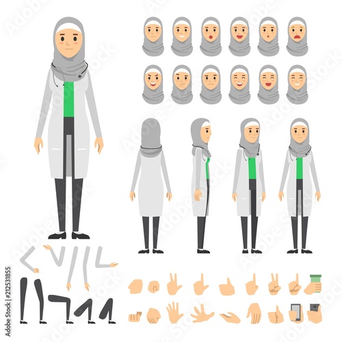 Arab woman doctor character set. Full length. Different view, emotion, gesture.
