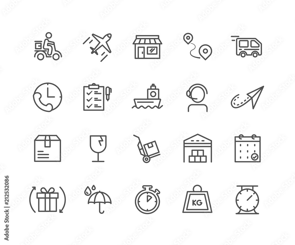 Simple Set of Delivery vector thin line icons, Editable Stroke linear symbols. Simple Set of Delivery vector thin line icons, Editable Stroke linear symbols.