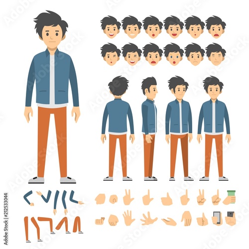 casual man character set. Full length. Different view, emotion, gesture.
