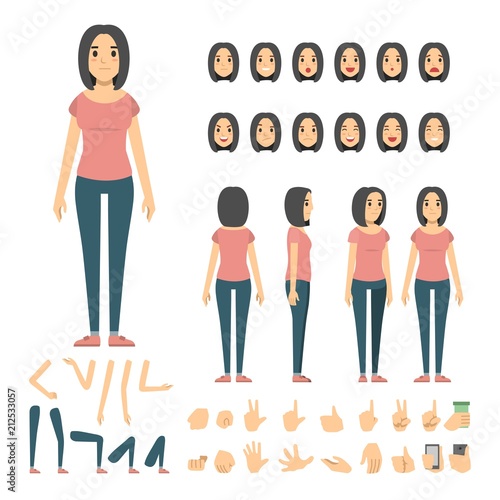 casual woman character set. Full length. Different view, emotion, gesture.
